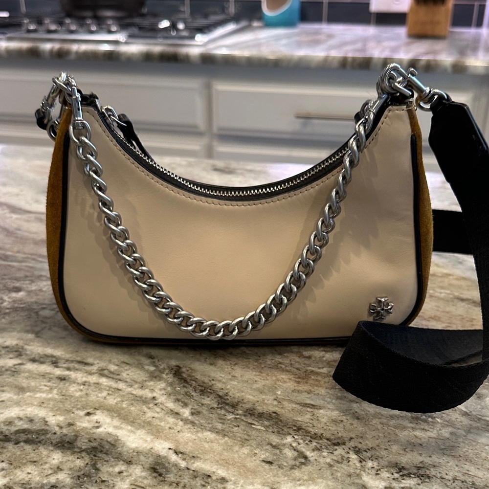 Tory Burch 151 Mercer Small Crescent Bag β Colorblock Leather + Suede - Picture 4 of 14